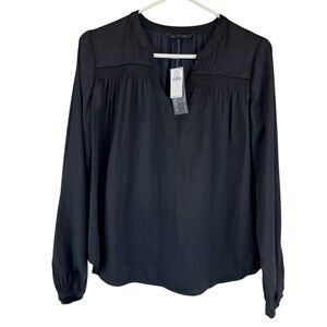 NEW Banana Republic Soft Satin Smocked Blouse Long Sleeve Black Sz XS NWT